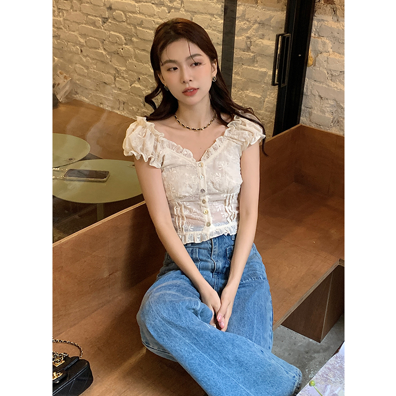 2024 Summer French Style Embroidered Chiffon Short Sleeve Top for Women