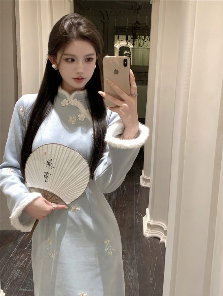 New Chinese Style Embroidered A-Line Dress with Stand Collar