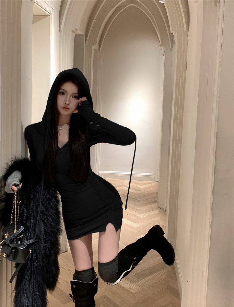Black Hooded Long Sleeve V-Neck Bodycon Dress