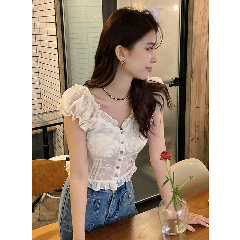 2025 Summer Women's Solid Ruffle Embroidered Short Sleeve Chiffon Top