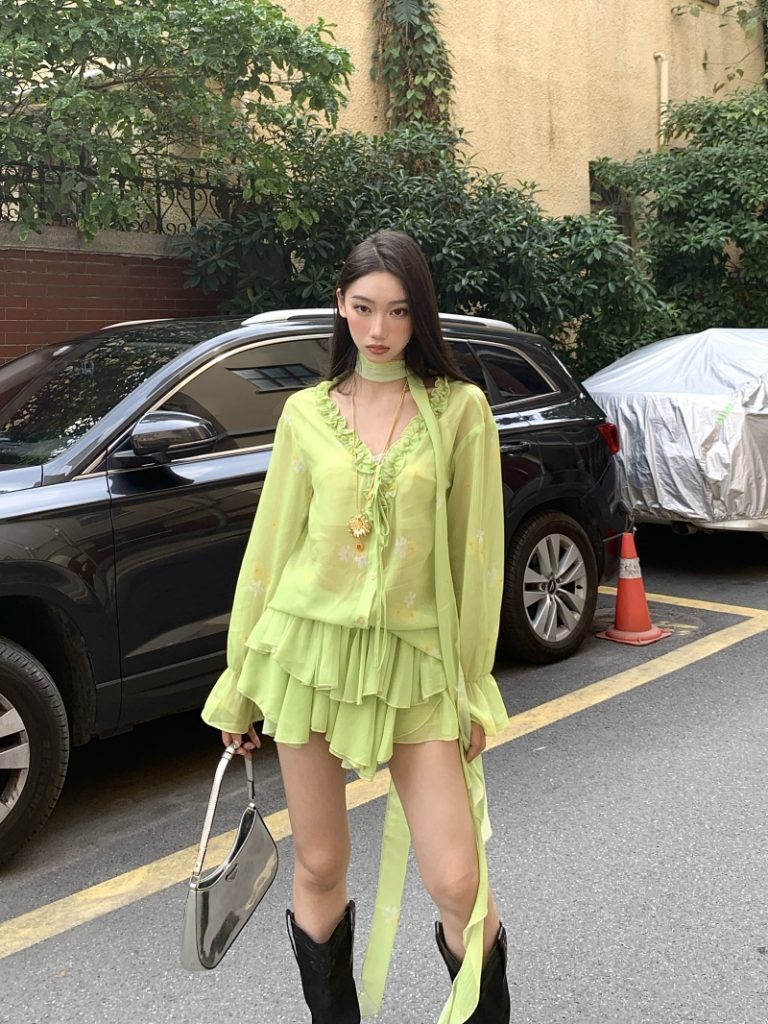 Green Chiffon Loose Slimming Lazy Shirt Cake Skirt Vacation Set