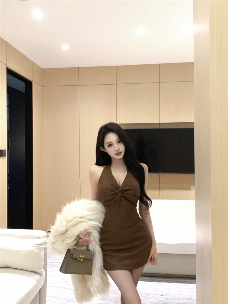 Elegant High-Waist V-Neck Halter PU Leather Bodycon Mini Dress for Women