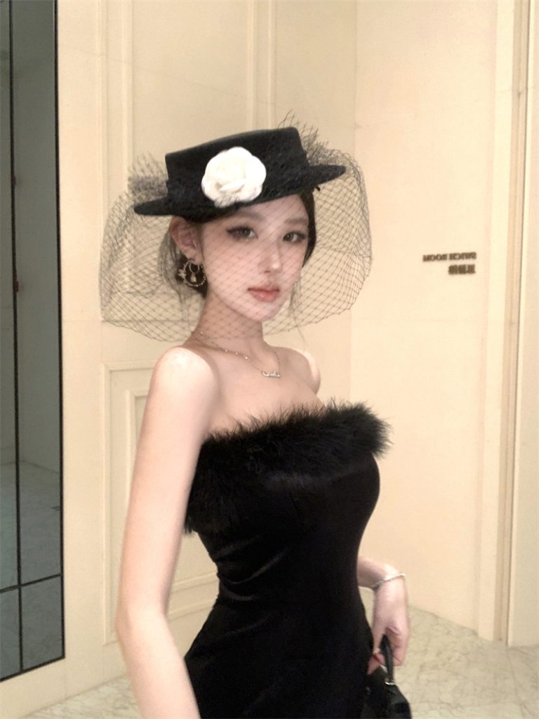 Black Velvet Strapless Bodycon Mini Dress with Ostrich Feather Trim