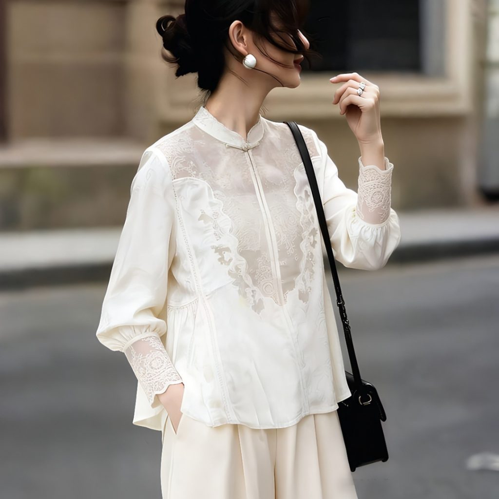 New Chinese Style Lace Shirt Women 2026 Spring Long Sleeve Loose Casual Top