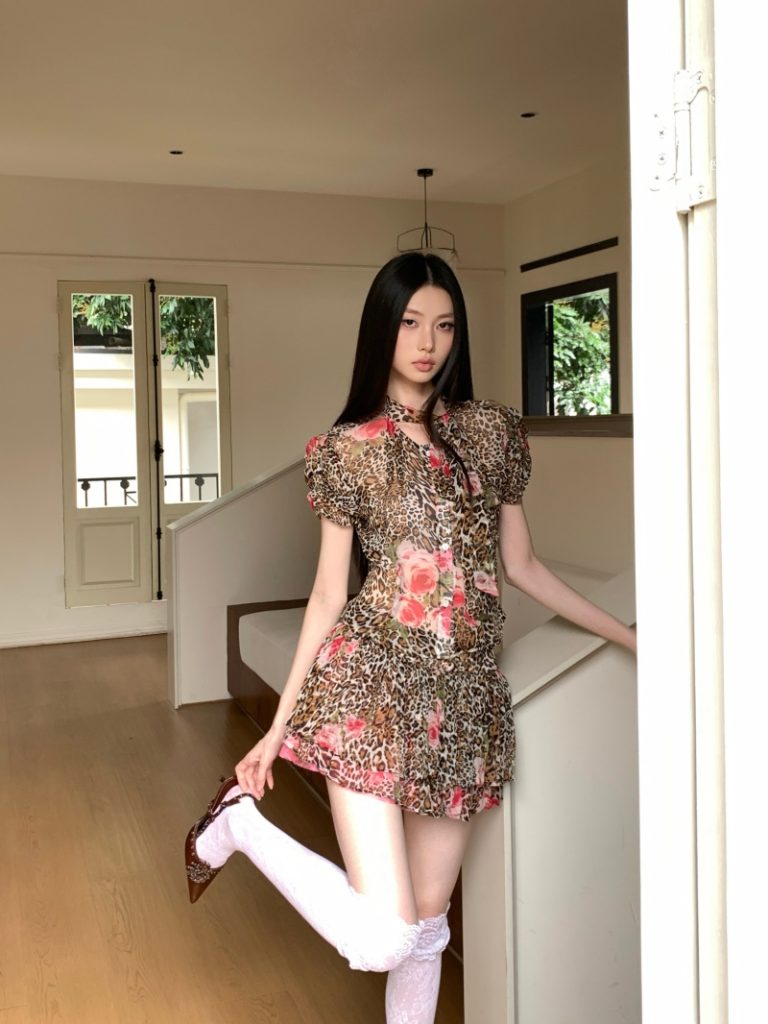 Vintage Leopard Rose Print Shirt and Skirt Two-Piece Set for Women Summer