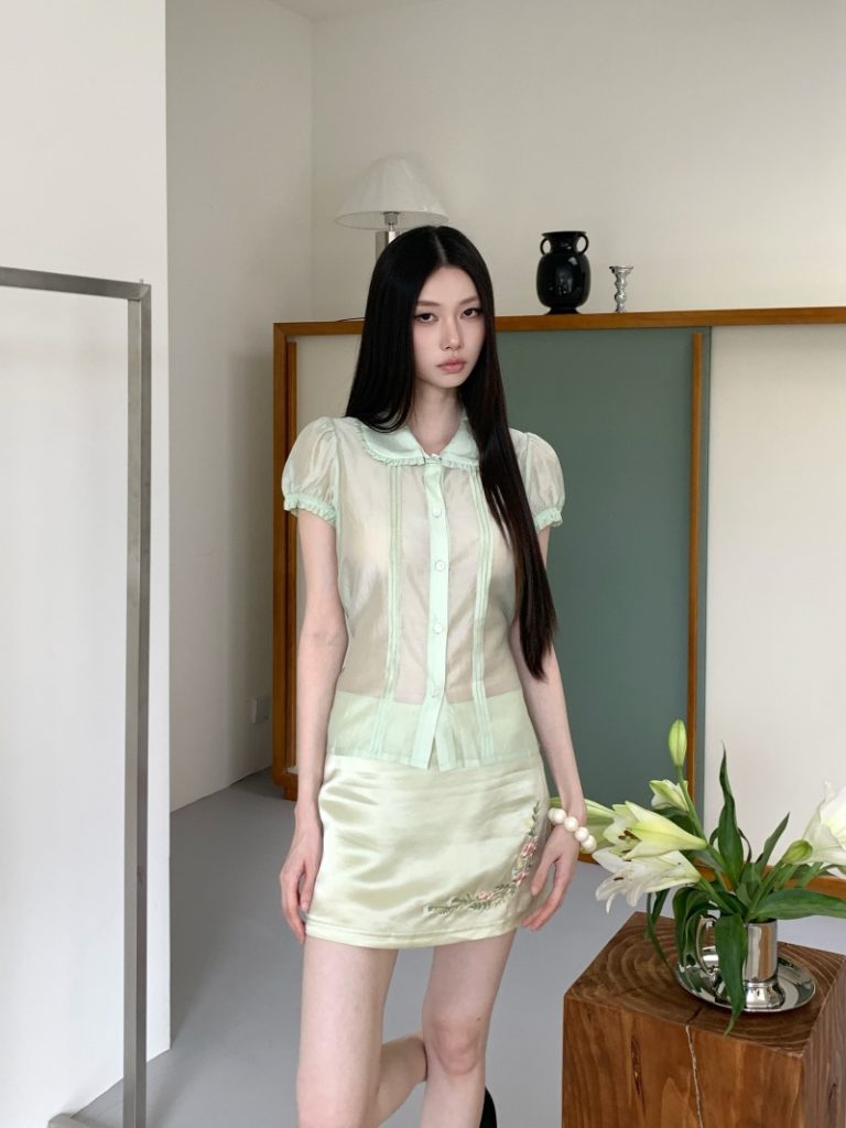 Women's Mint Green Shirt and Embroidered Skirt Set with Doll Collar and Ruffle Trim Short Sleeve