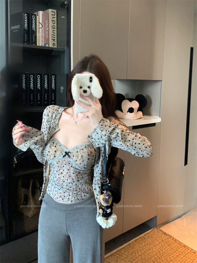 Women's Polka Dot Heart Long Sleeve Cardigan Lace Cami Two-Piece Set
