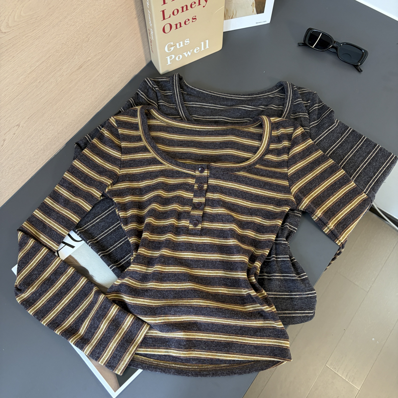 Women's Striped Cotton Long Sleeve Half Button Round Neck T-Shirt 2026 Fall Winter Casual Base Layer Top