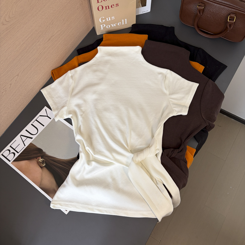 Women's Slim Fit Half Turtleneck Short Sleeve T-Shirt with Waist Tie 2026 Fall Korean Style