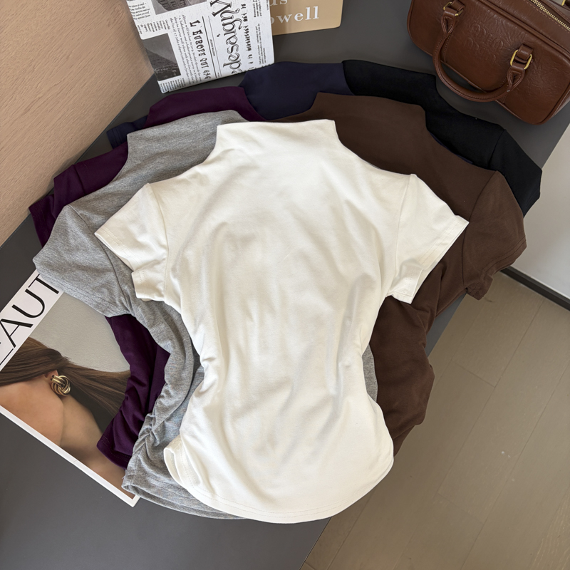 Women's Slim Fit High Neck Short Sleeve Pleated Shoulder T-Shirt 2026 Fall