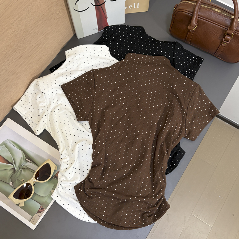 2026 Autumn Korean Slim Fit Polka Dot Short Sleeve T-Shirt with Shoulder Pads