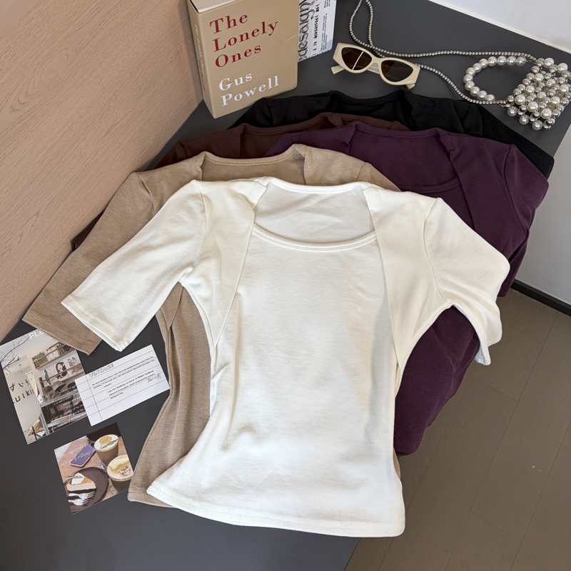 2026 Autumn Korean Slim Fit Half Sleeve Faux Two Piece T-Shirt for Women