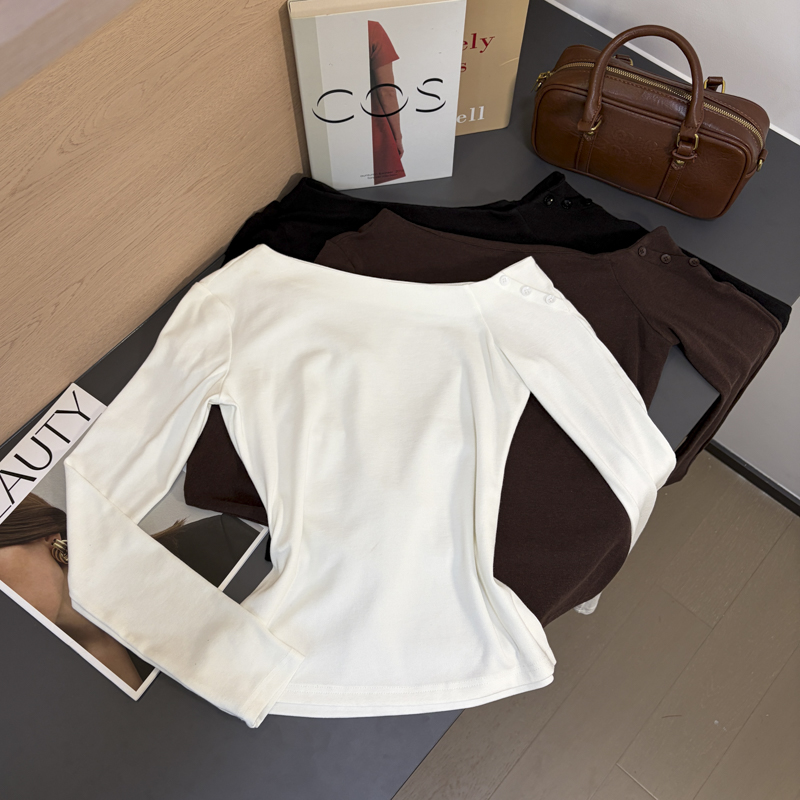 Women's Off-Shoulder Long Sleeve Button Waist T-Shirt 2026 Fall Korean Style