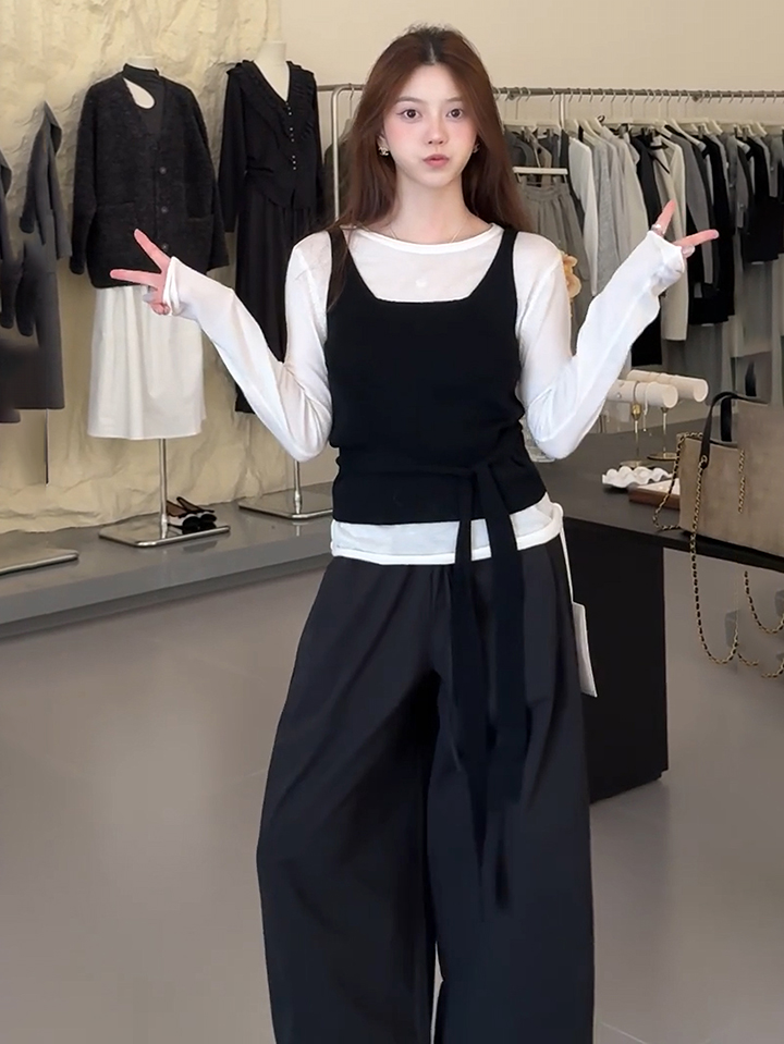 Women's Two-Piece Knit Set Black and White Long Sleeve Slimming Tie Detail Early Autumn Base Layer - Style 5e07cd
