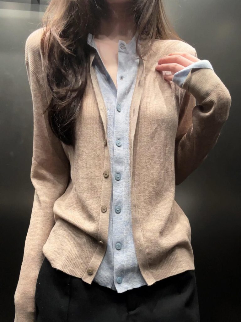 Korean Layered Slim Fit Faux Two Piece Color Block Wool Knit Cardigan for Women Early Autumn